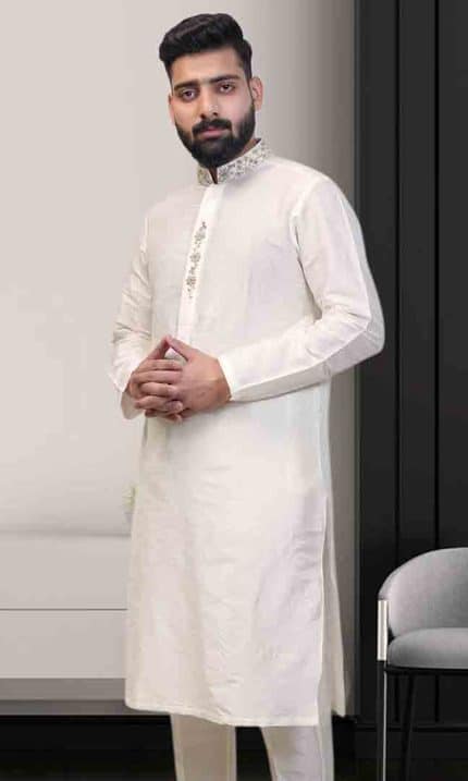 Off white raw silk kurta pajama set for men
