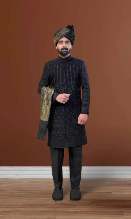 Black tropical sherwani for groom in lightweight fabric