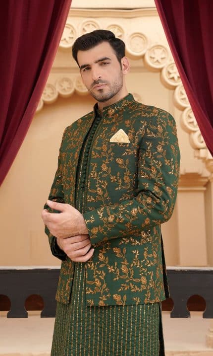 Luxury bottle green jamawar groom prince coat