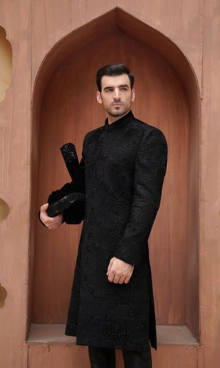 Black sherwani with digital thread work and hidden buttons