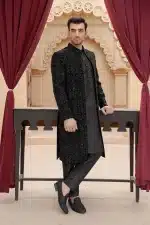 Black velvet sherwani with handmade embroidery for groom