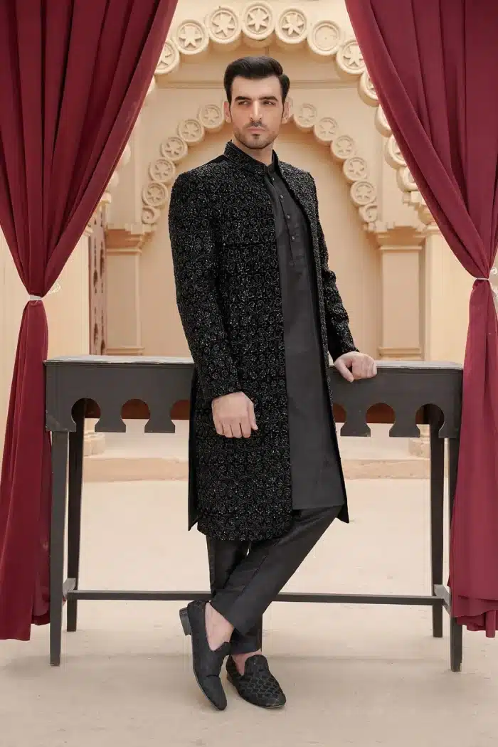 Black velvet sherwani with handmade embroidery for groom