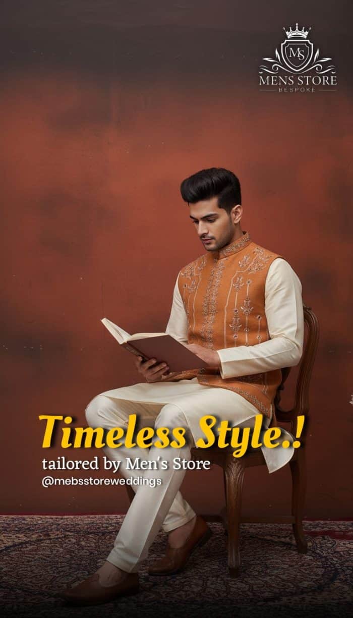 Rust raw silk waistcoat for men with handmade embroidery
