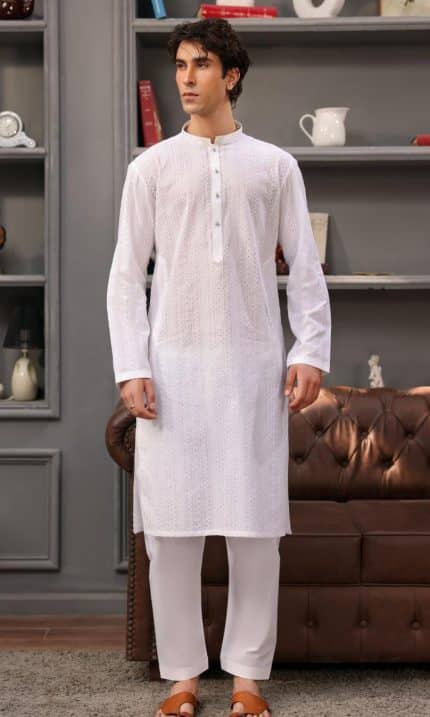White designer kurta with silver yoke embroidery for men