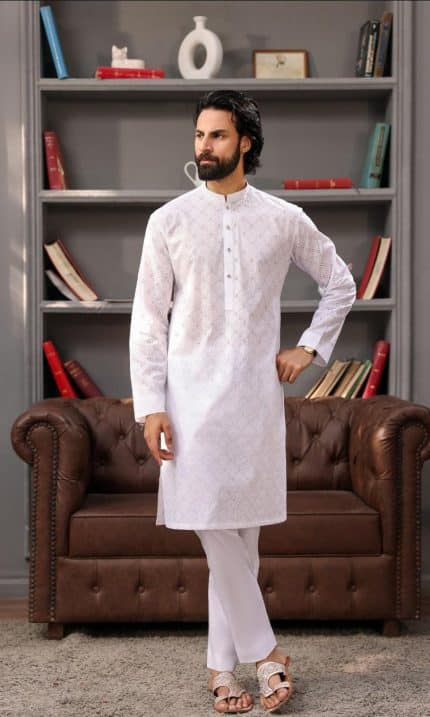 Designer white kurta for men with subtle embroidery