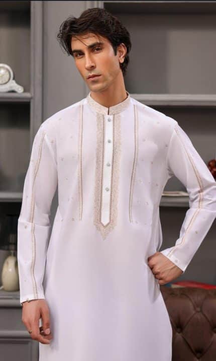 White embroidered kurta for men premium festive cotton