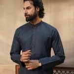 Dark embroidered kurta with band collar for men