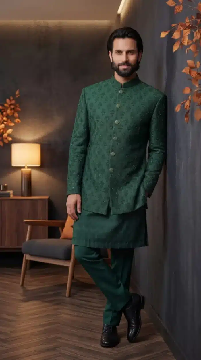 Bottle Green Prince Coat with Handmade Embroidery (P 11 )