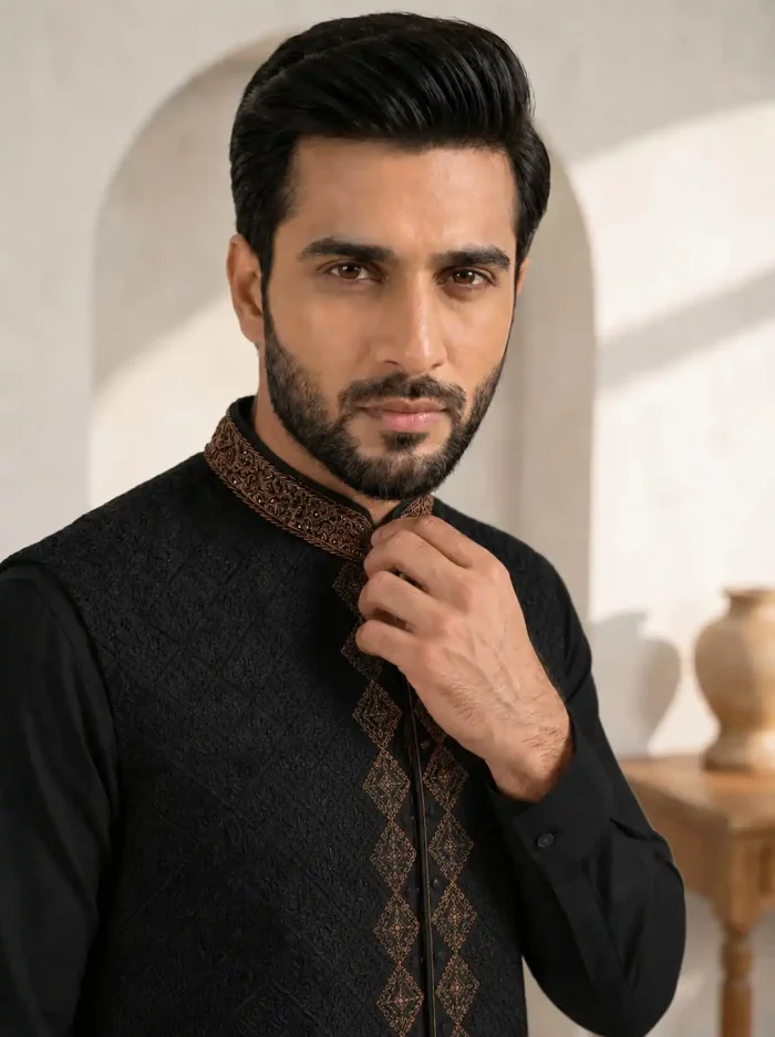 Royal Black Embroidered Waistcoat Set for Men – Premium Ethnic Formal Wear (W-18) - Image 3