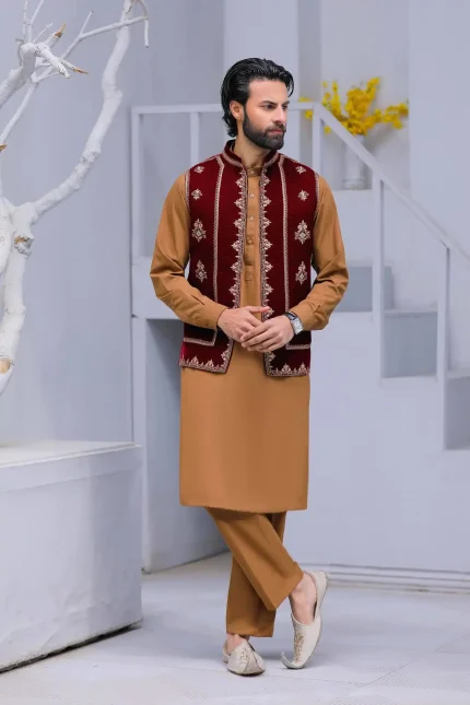 Maroon embroidered waistcoat for men with camel kurta