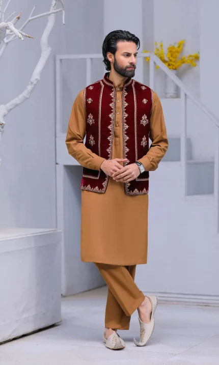 Maroon Embroidered Waistcoat