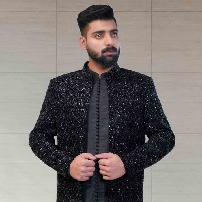 Velvet Black Embroidered Sherwani (S 15) - Image 6