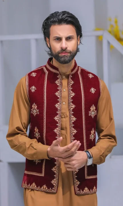 Maroon Embroidered Waist Coat
