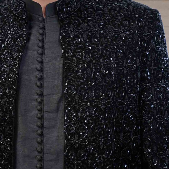 Velvet Black Embroidered Sherwani (S 15) - Image 2