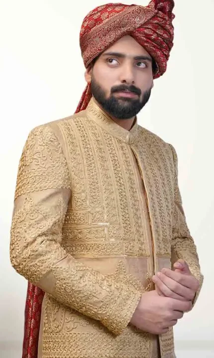 Golden Jamawar Sherwani (S 11)