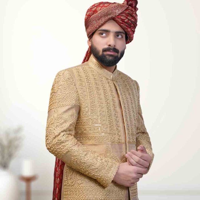 Golden Jamawar Sherwani (S 11) - Image 3