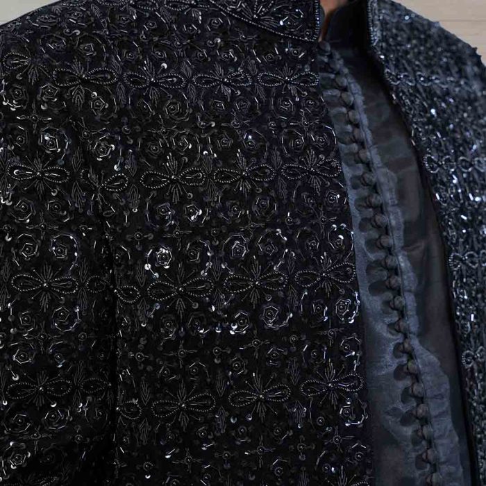 Velvet Black Embroidered Sherwani (S 15) - Image 3