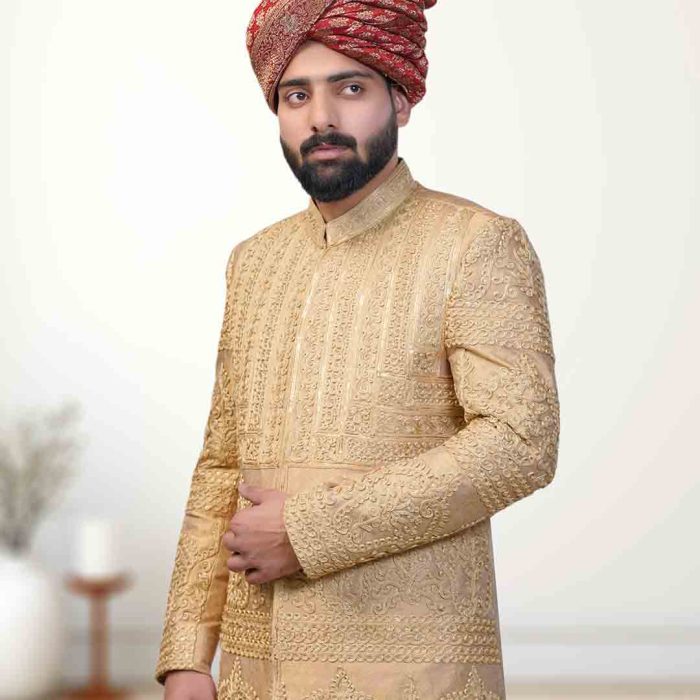 Golden Jamawar Sherwani (S 11) - Image 4