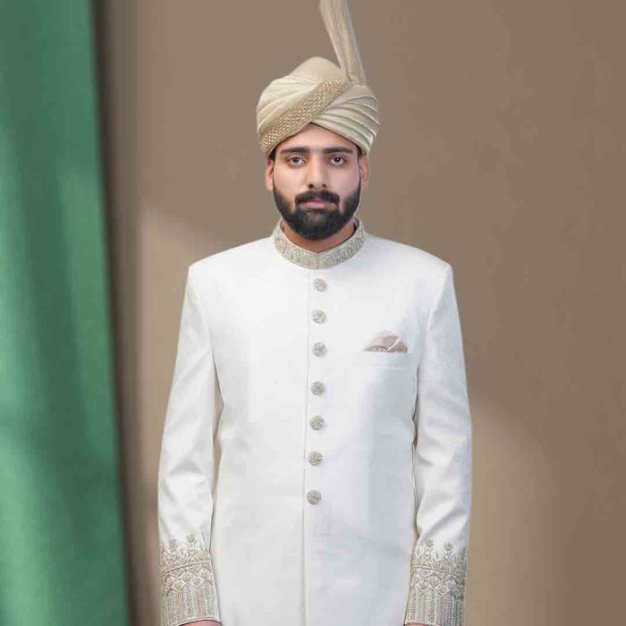 Off -White Handmade Embroidered Sherwani (S 1) - Image 3