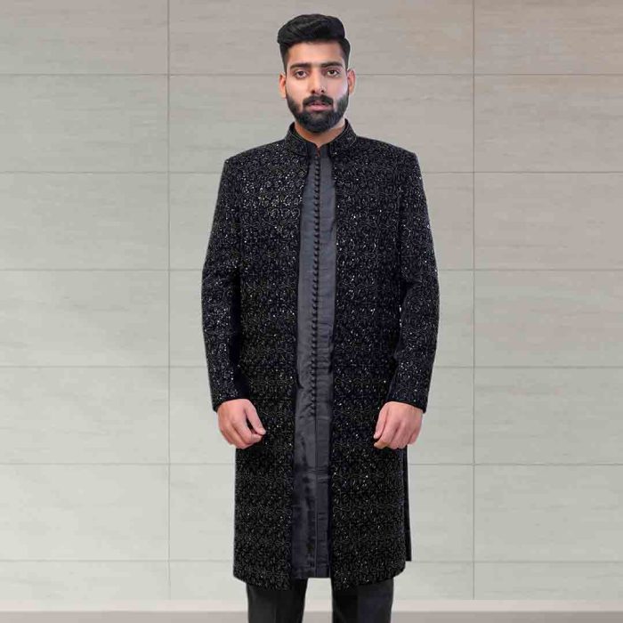 Velvet Black Embroidered Sherwani (S 15) - Image 4