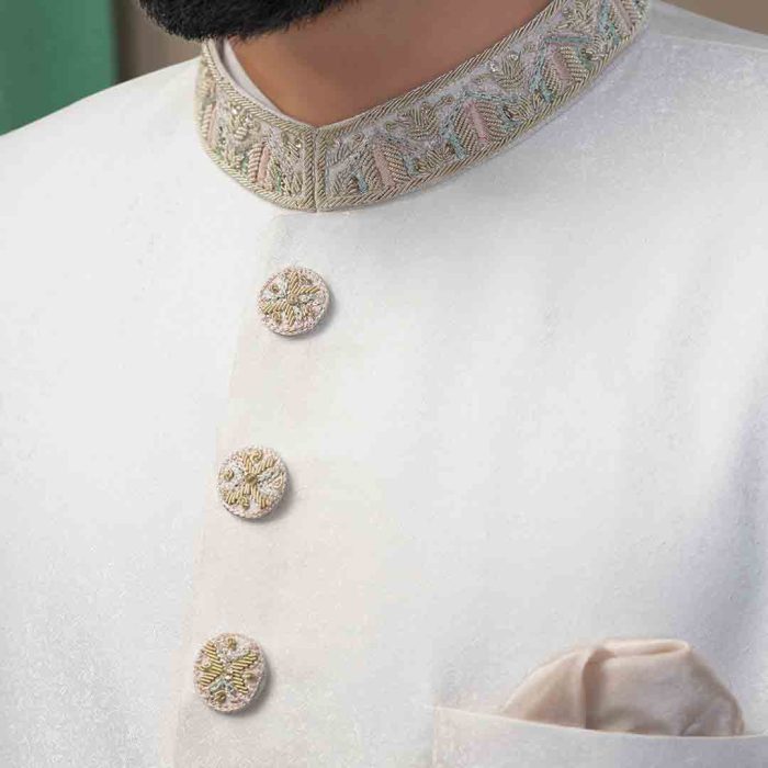 Off -White Handmade Embroidered Sherwani (S 1) - Image 4