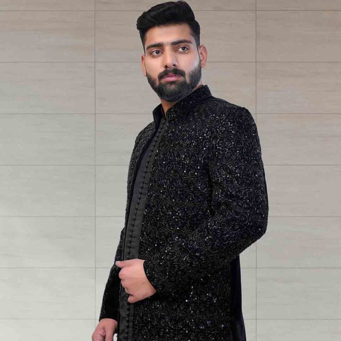 Velvet Black Embroidered Sherwani (S 15) - Image 5