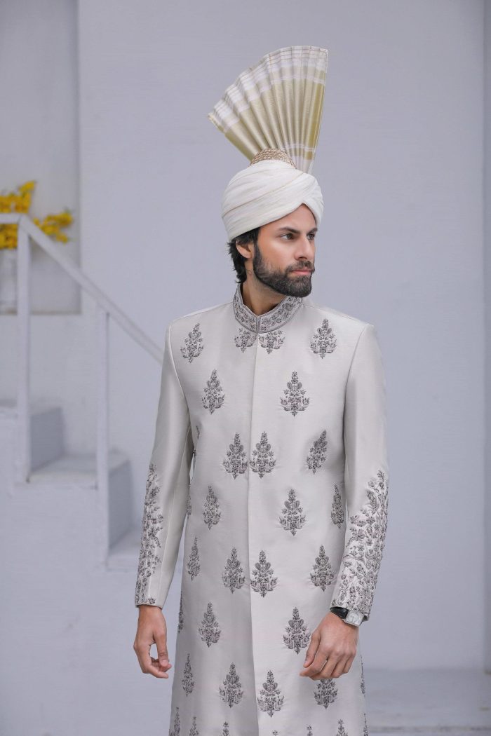 Korean Silk Grey Sherwani (S 7) - Image 4