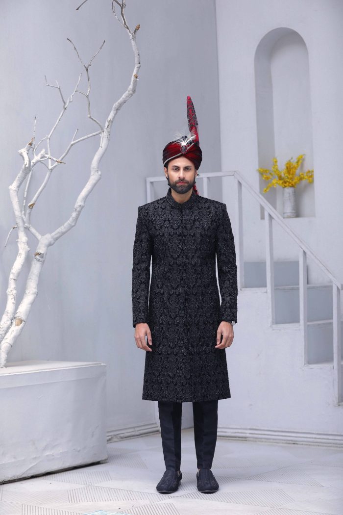 Classic Black Embroidered Sherwani (S 3) - Image 2