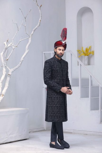 Classic black embroidered sherwani for groom with tailored fit