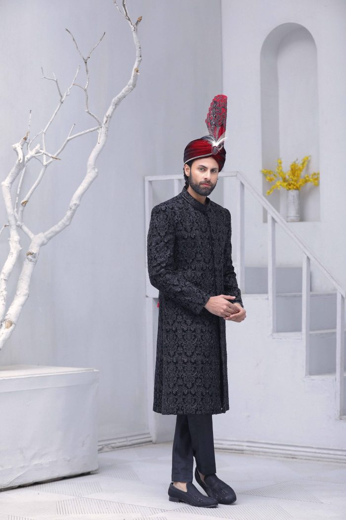 Classic Black Embroidered Sherwani (S 3) - Image 3