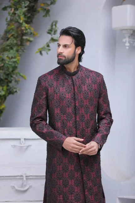 Black maroon sherwani for groom with contrasting panels