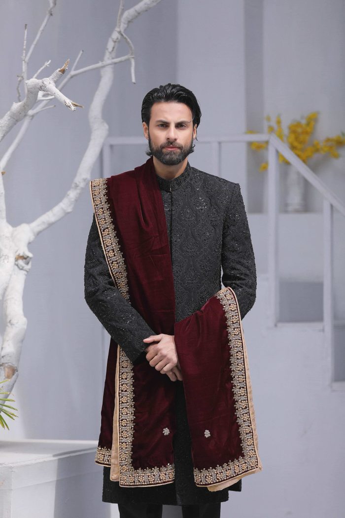 Black Sherwani & Royal Shawl (S 5) - Image 5