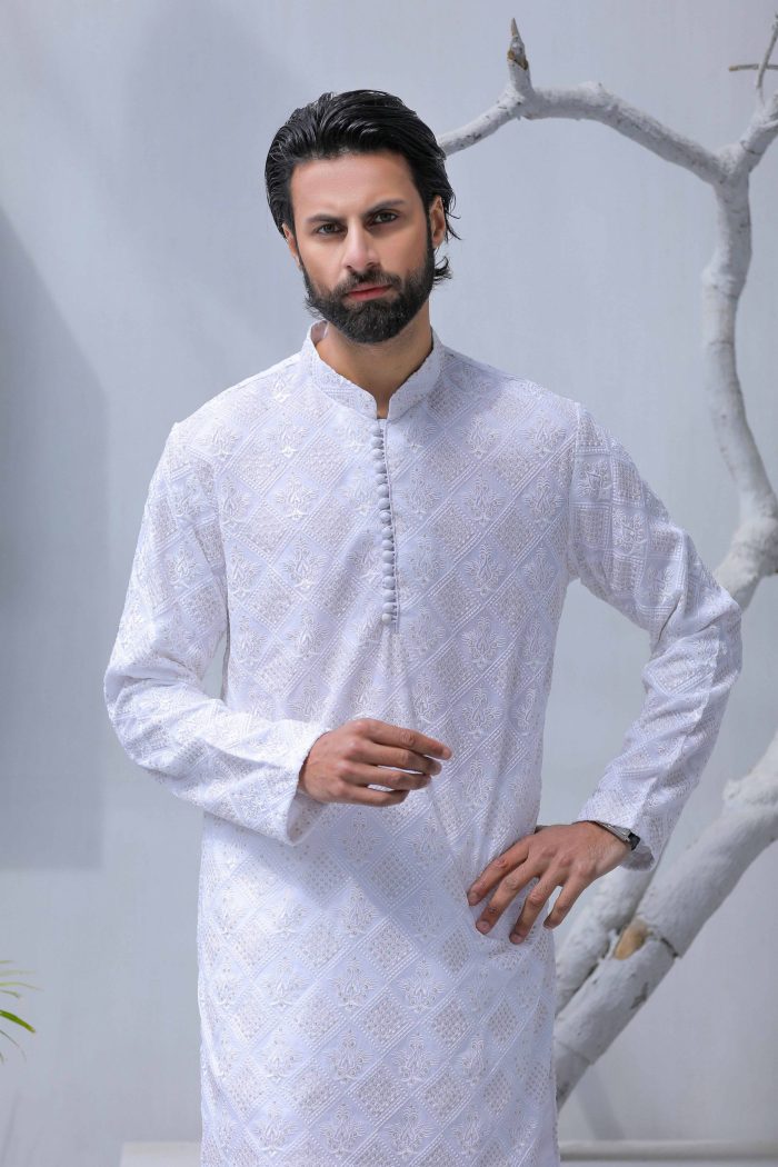Off White Embroidered Chiffon Kurta Pajama (KP 1) - Image 6
