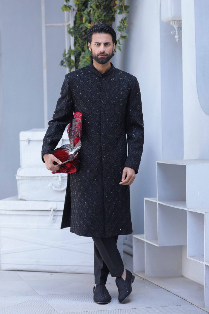 D11A4111-scaled-1.jpg Classic Black Sherwani (S 6) - Image 1