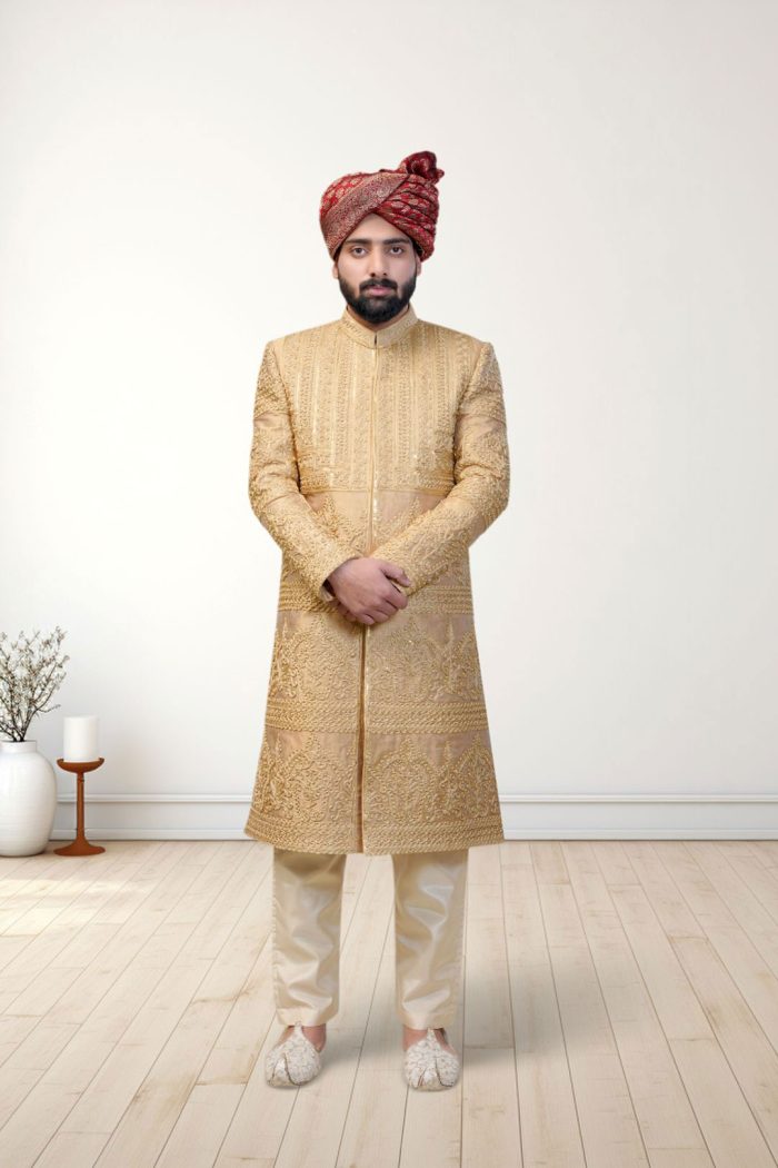 Golden Jamawar Sherwani (S 11) - Image 1