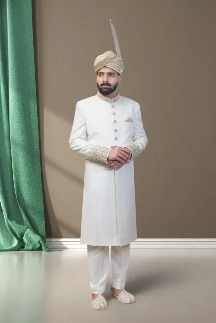 Off white handmade embroidered wedding sherwani in brocade