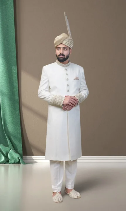 Off -White Handmade Embroidered Sherwani (S 1)