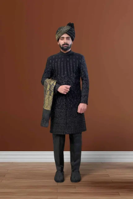 Black tropical sherwani for groom in lightweight fabric