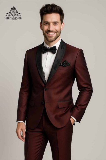 Luxury maroon suit for groom with handmade embroidery