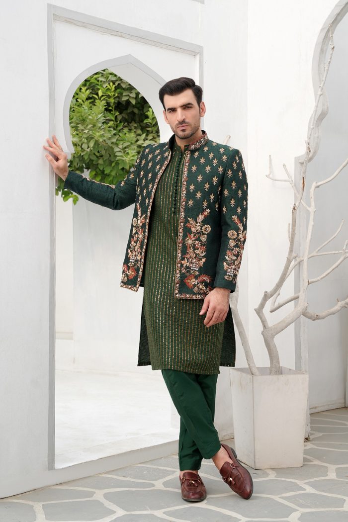 Bottle Green Jamawar Prince Coat (P 7 ) - Image 3