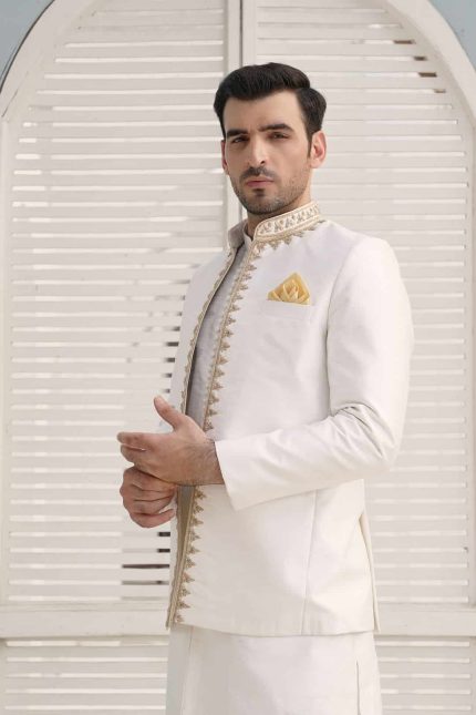 Off white raw silk prince coat for groom with handmade embroidery