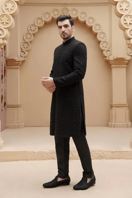 Modern black sherwani for groom with digital thread embroidery