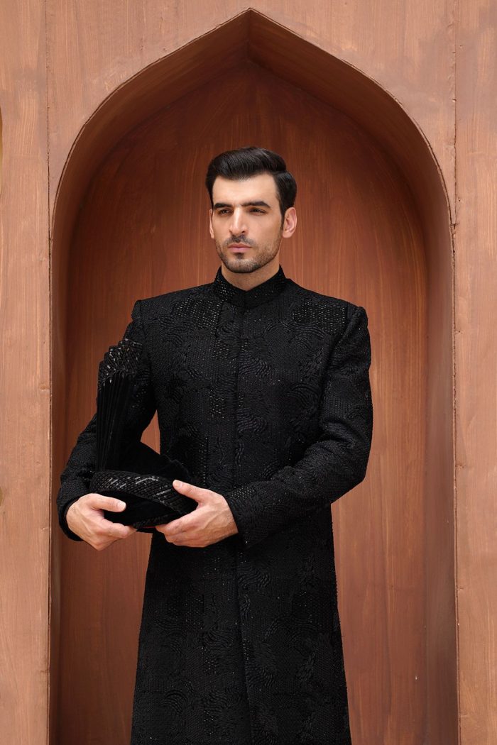 Black Sherwani with Digital Thread Work (S 23 ) - Image 2