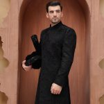 Black Sherwani with Digital Thread Work