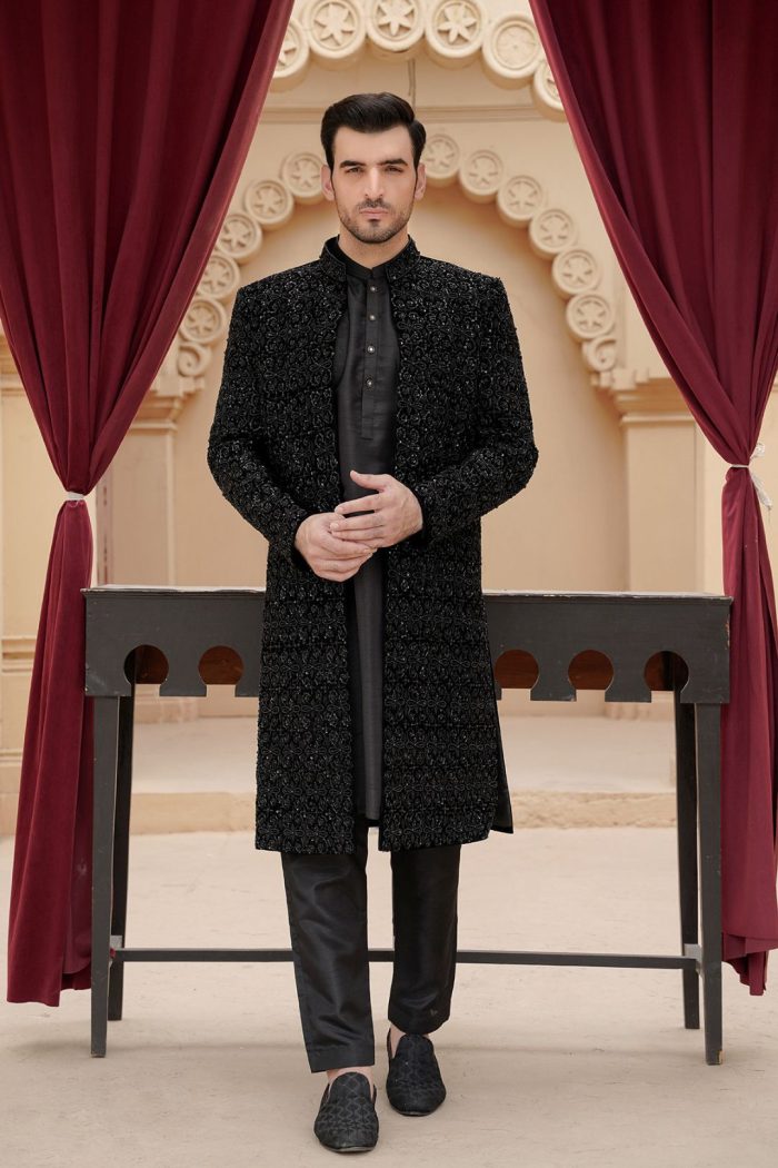 Black Velvet Sherwani with Handmade Embroidery (S 24 ) - Image 5