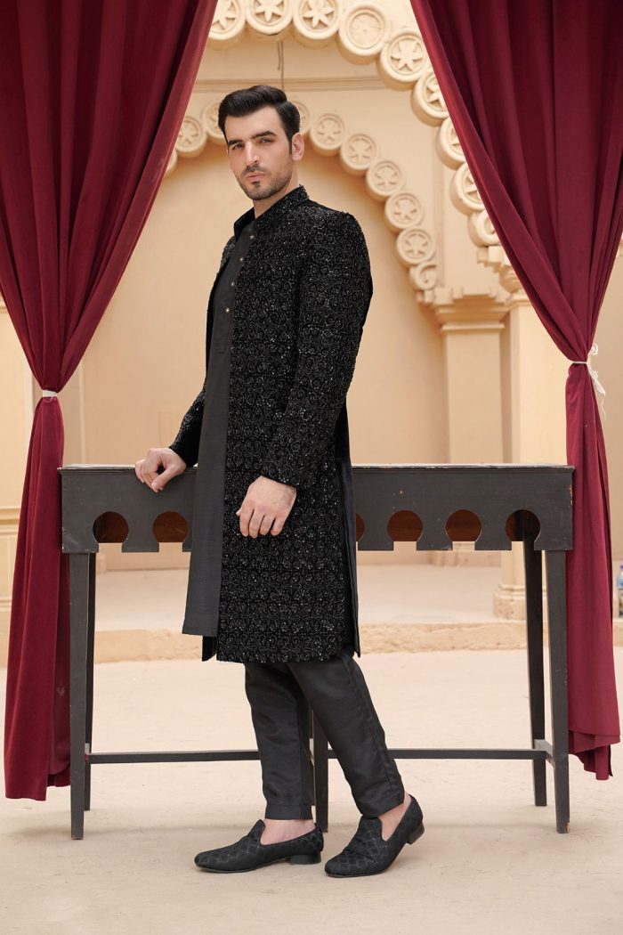 Black Velvet Sherwani with Handmade Embroidery (S 24 ) - Image 7