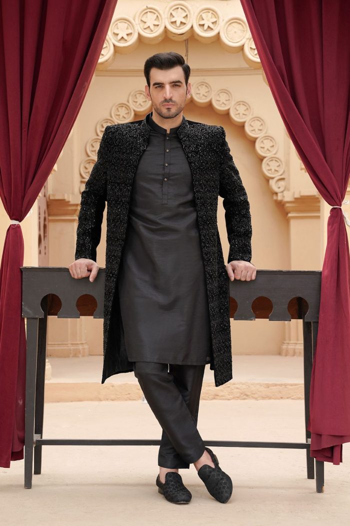 Black Velvet Sherwani with Handmade Embroidery (S 24 ) - Image 8