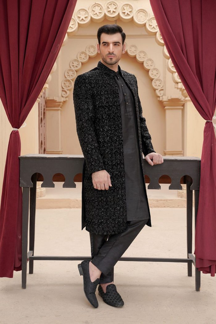 Black Velvet Sherwani with Handmade Embroidery Black Velvet Sherwani with Handmade Embroidery