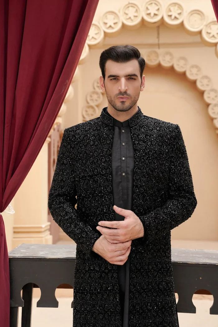 Black Velvet Sherwani with Handmade Embroidery (S 24 )