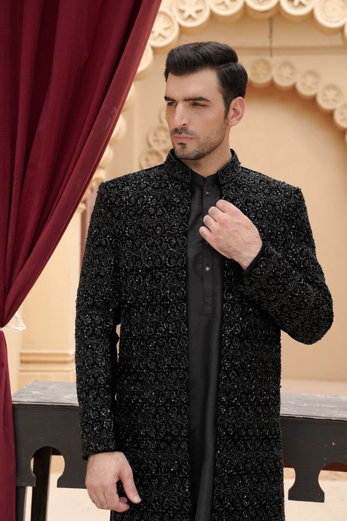 Black Velvet Sherwani with Handmade Embroidery (S 24 ) - Image 4